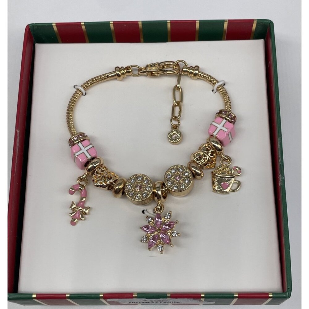 Adrienne Vittadini Blush Pink Gift Star Flower Gold Rhinestone Charm Bracelet